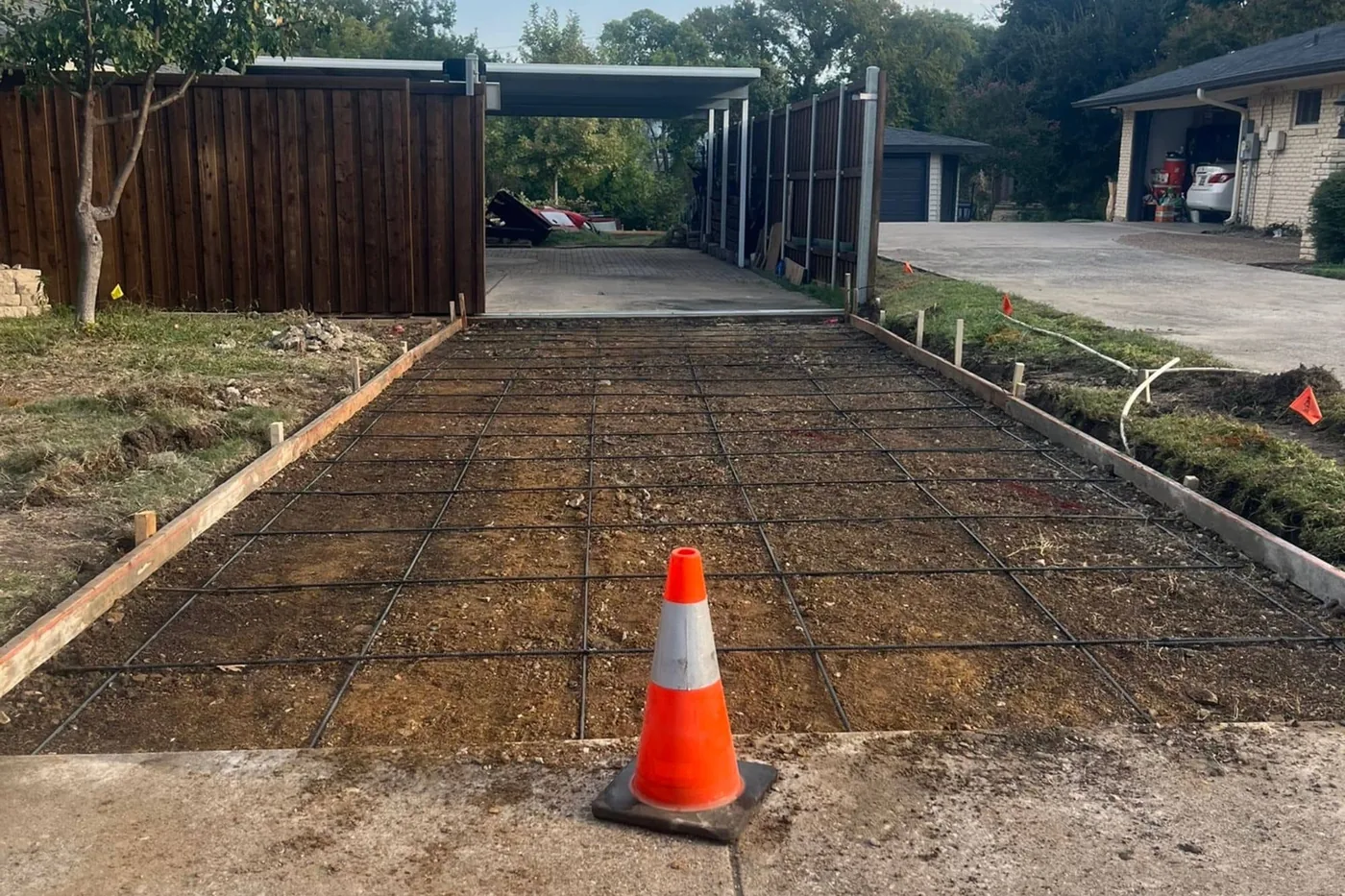Driveway formed with rebar and base prepped before the concrete pour